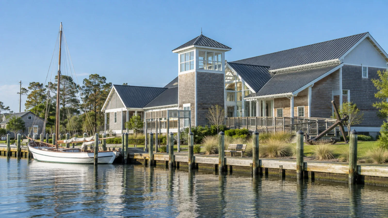 North Carolina Maritime Museum exterior in Beaufort with traditional coastal architecture, no people or readable signs