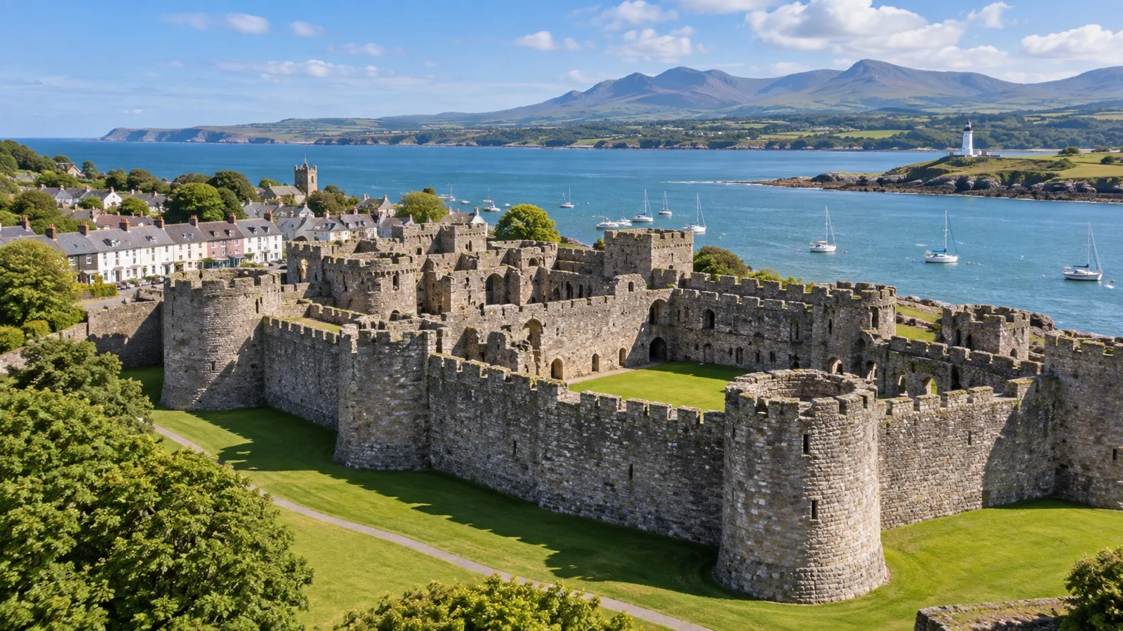 Medieval stone walls of Beaumaris Castle on Anglesey