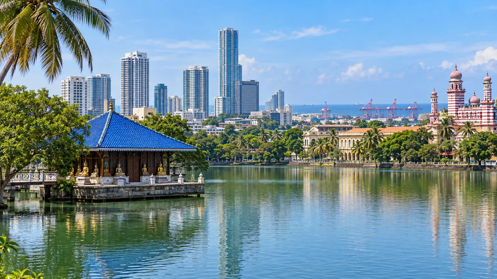 Temple pavilion and skyline beside Beira Lake in Colombo