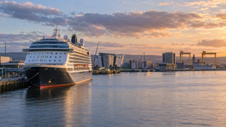 A cruise ship in Belfast harbor with the Titanic Quarter beyond