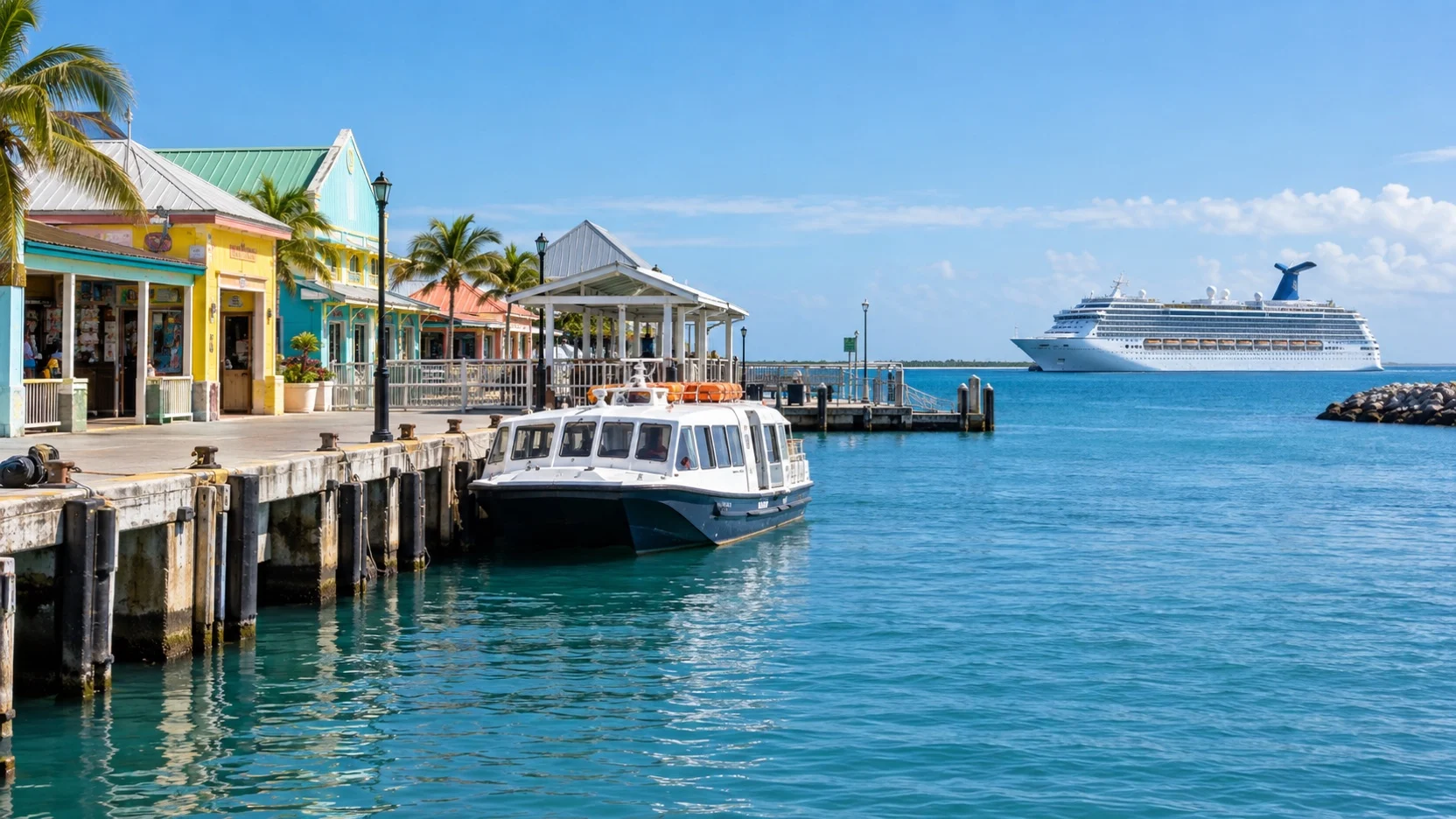 Cruise tender at Belize City’s Tourism Village pier with a ship offshore