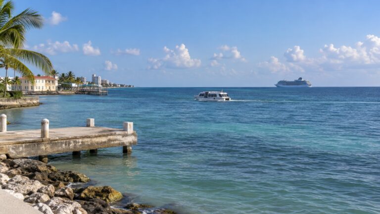 Tender boat heading toward Belize City with a cruise ship anchored far offshore