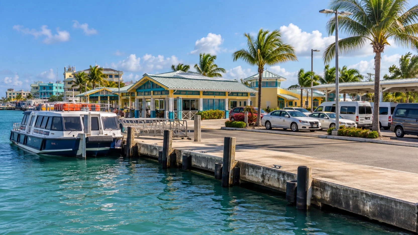 Tender boat at a Belize City landing beside an empty taxi and shuttle pickup area