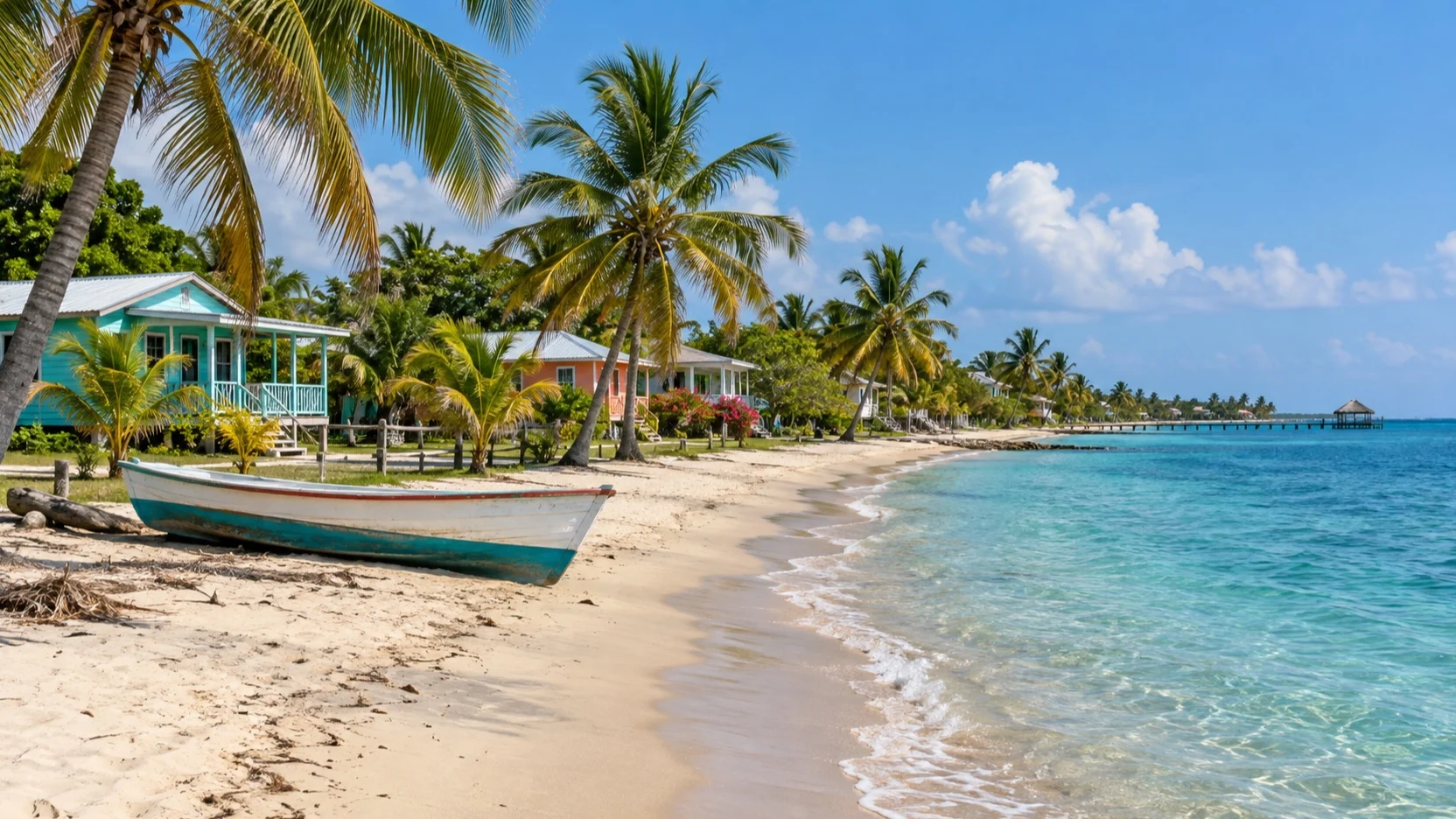 Quiet Placencia beachfront with colorful wooden houses, palms, and a small boat