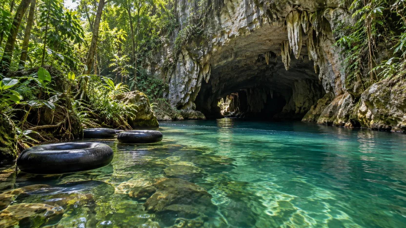Empty inner tubes on the Caves Branch River at a limestone cave entrance in Belize