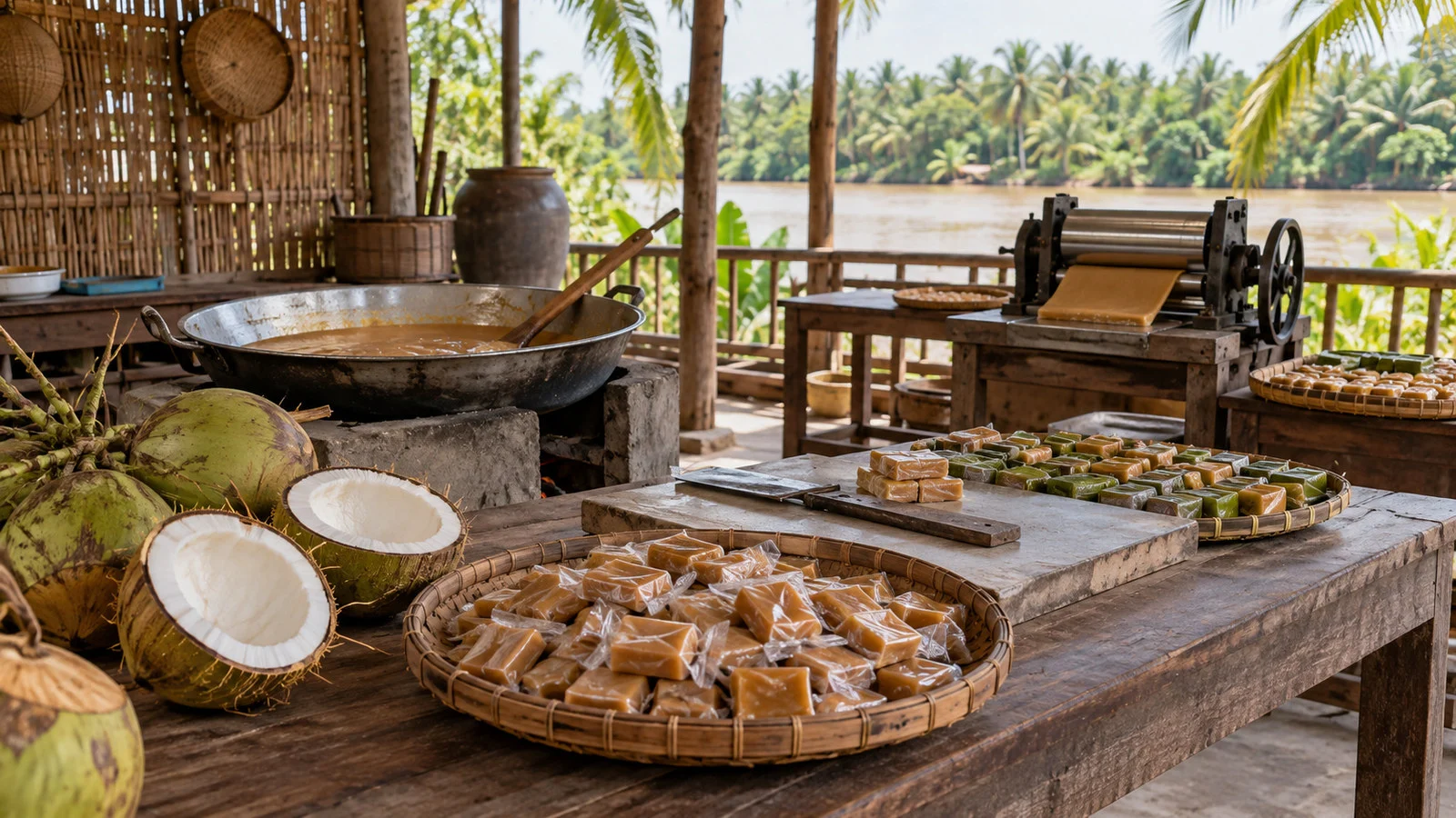 Ben Tre coconut candy workshop with cut coconut, trays of wrapped sweets and simple production tools, no people
