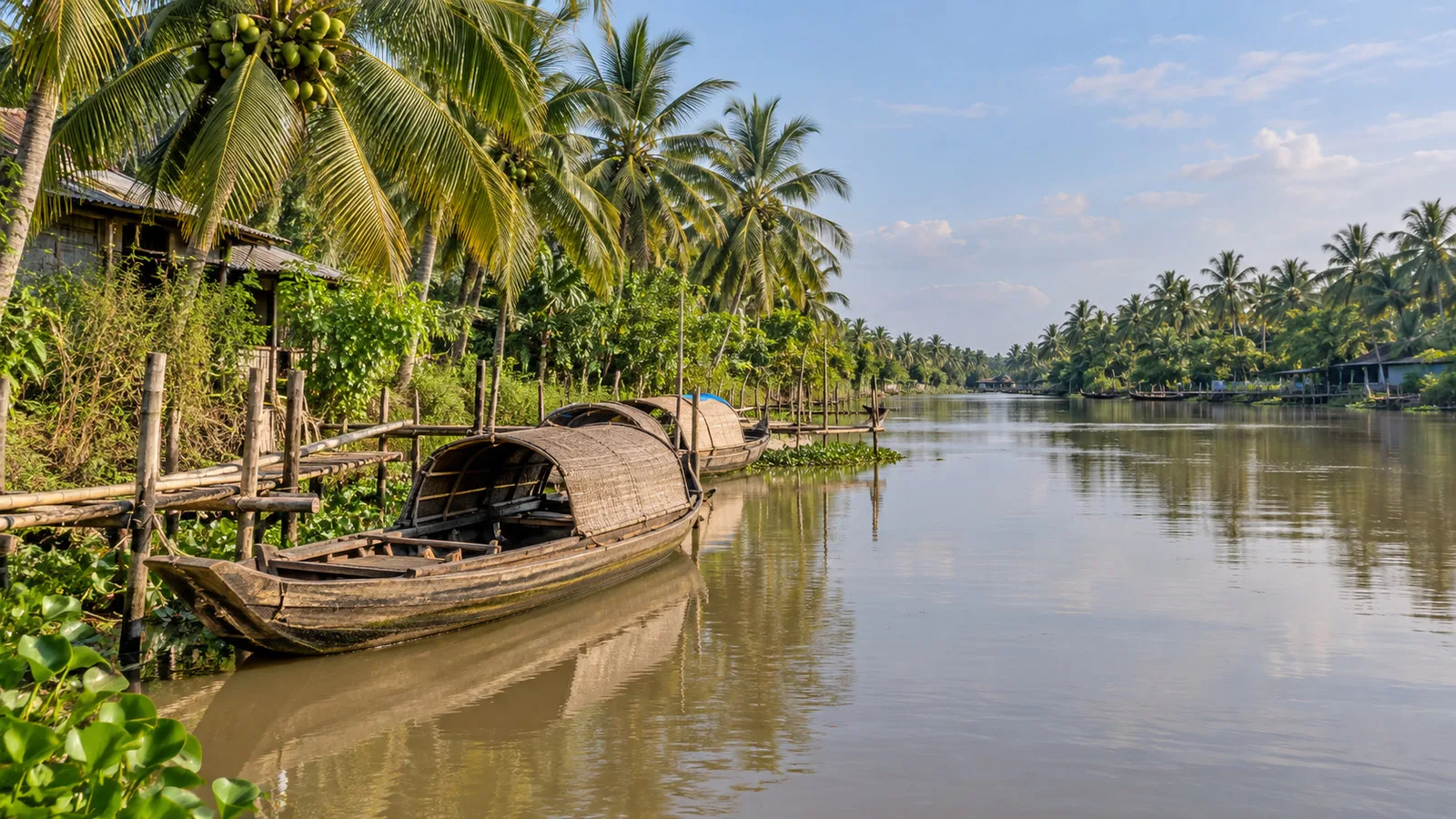 Ben Tre Vietnam riverside coconut groves and small wooden boats along the Mekong Delta, no people