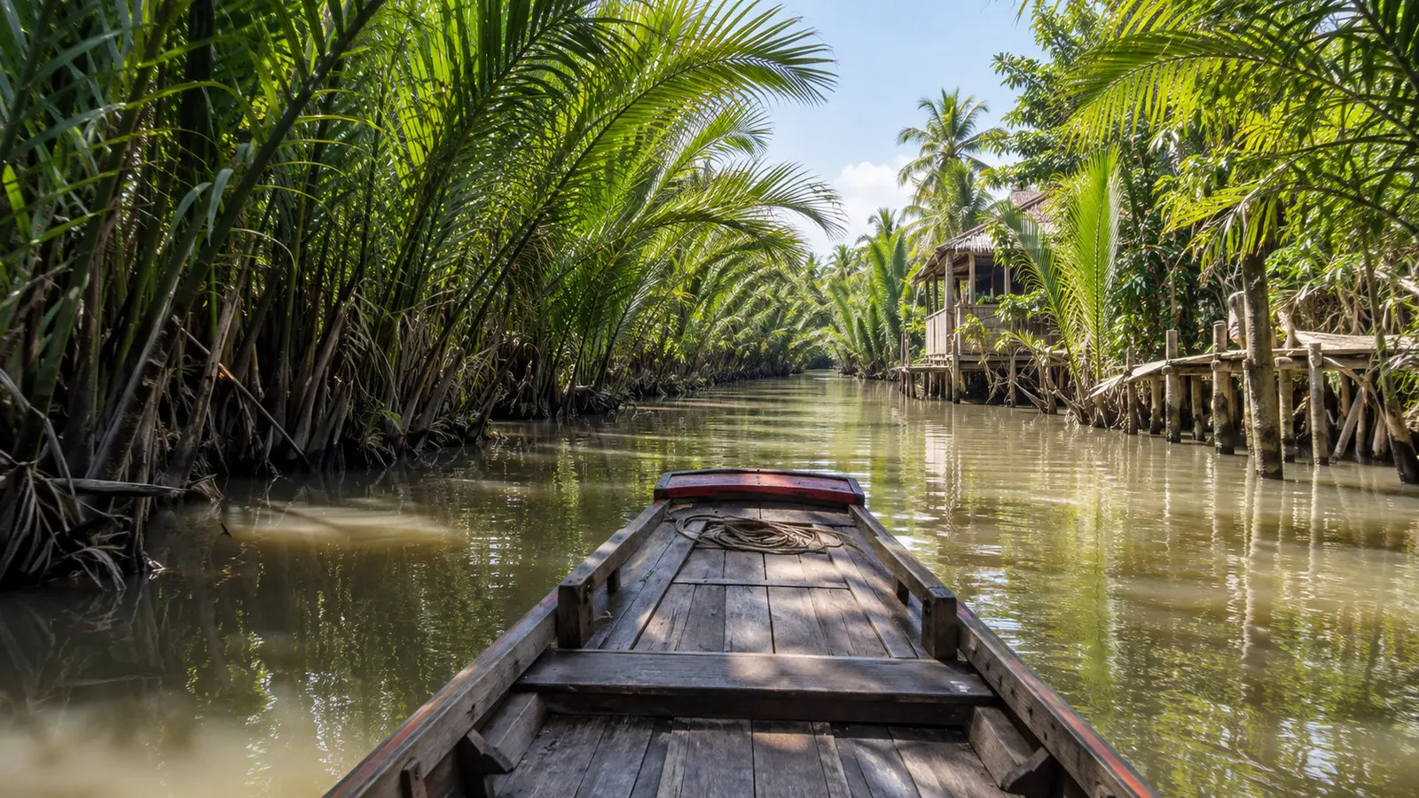 Empty traditional wooden sampan boat gliding along narrow Ben Tre coconut canal in Vietnam, no people