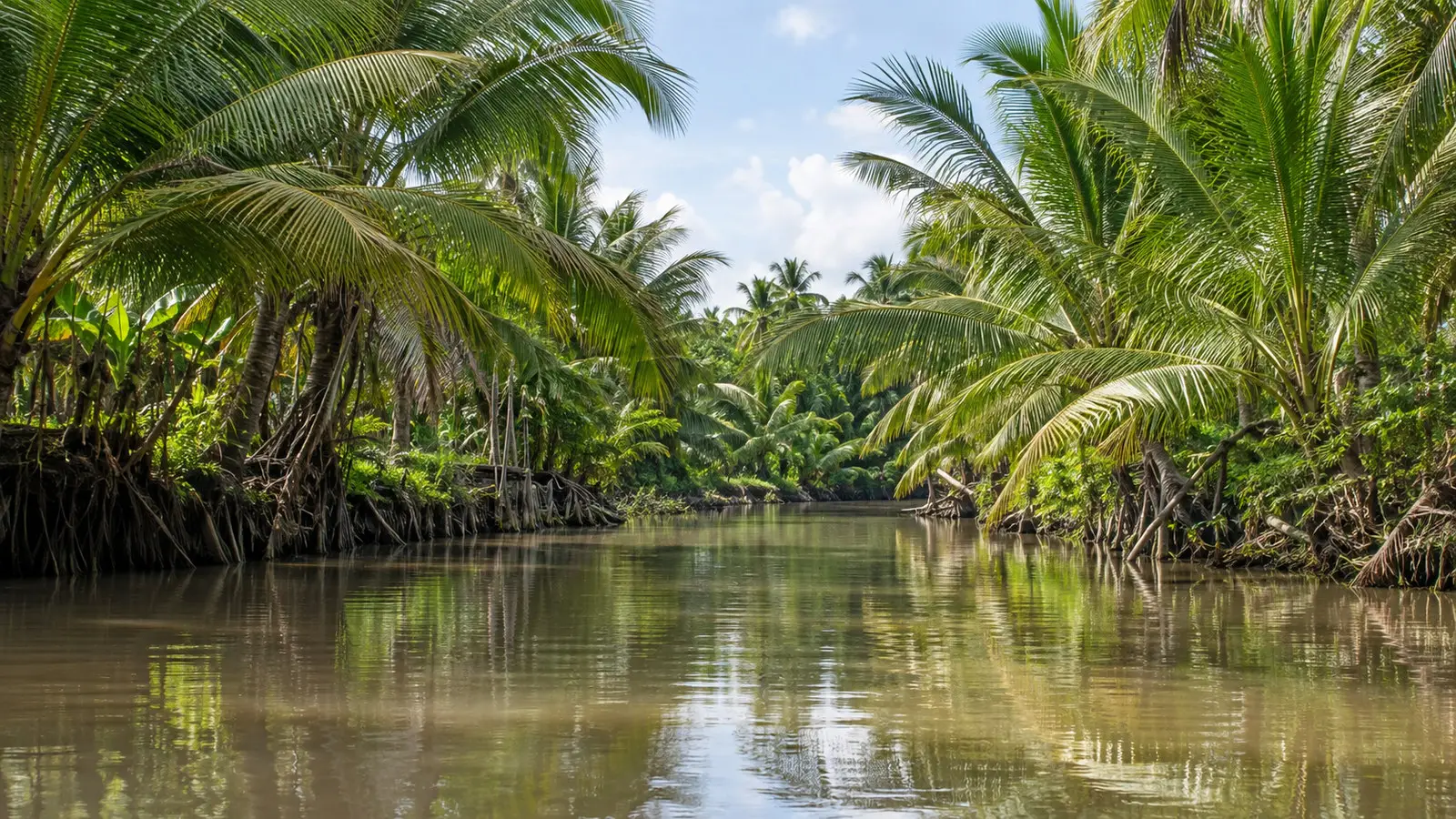 Narrow Ben Tre Mekong Delta canal lined by dense coconut palms reflecting in brown-green water, no people