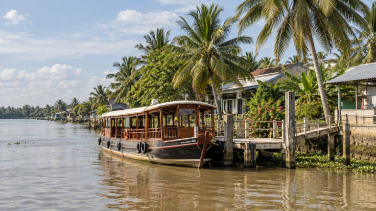 Small Mekong river cruise vessel at Ben Tre Vietnam river landing beneath coconut palms and riverside houses, no people
