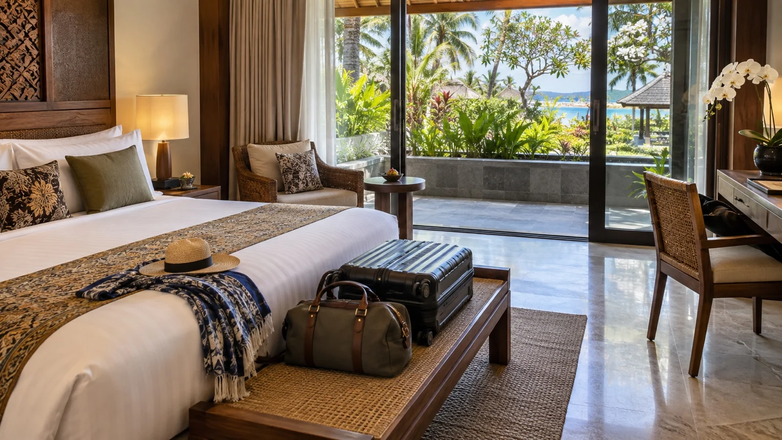 Bali hotel guest room with packed luggage and tropical garden view before a cruise departure