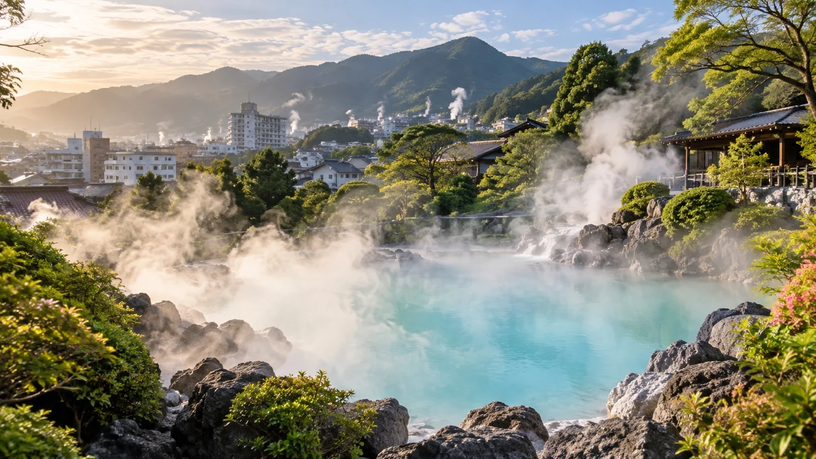 Steam rising from a turquoise geothermal hot spring in Beppu, Japan
