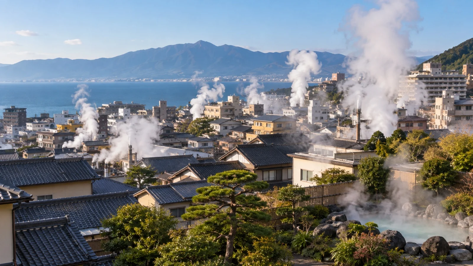 Geothermal steam rising among Kannawa district rooftops