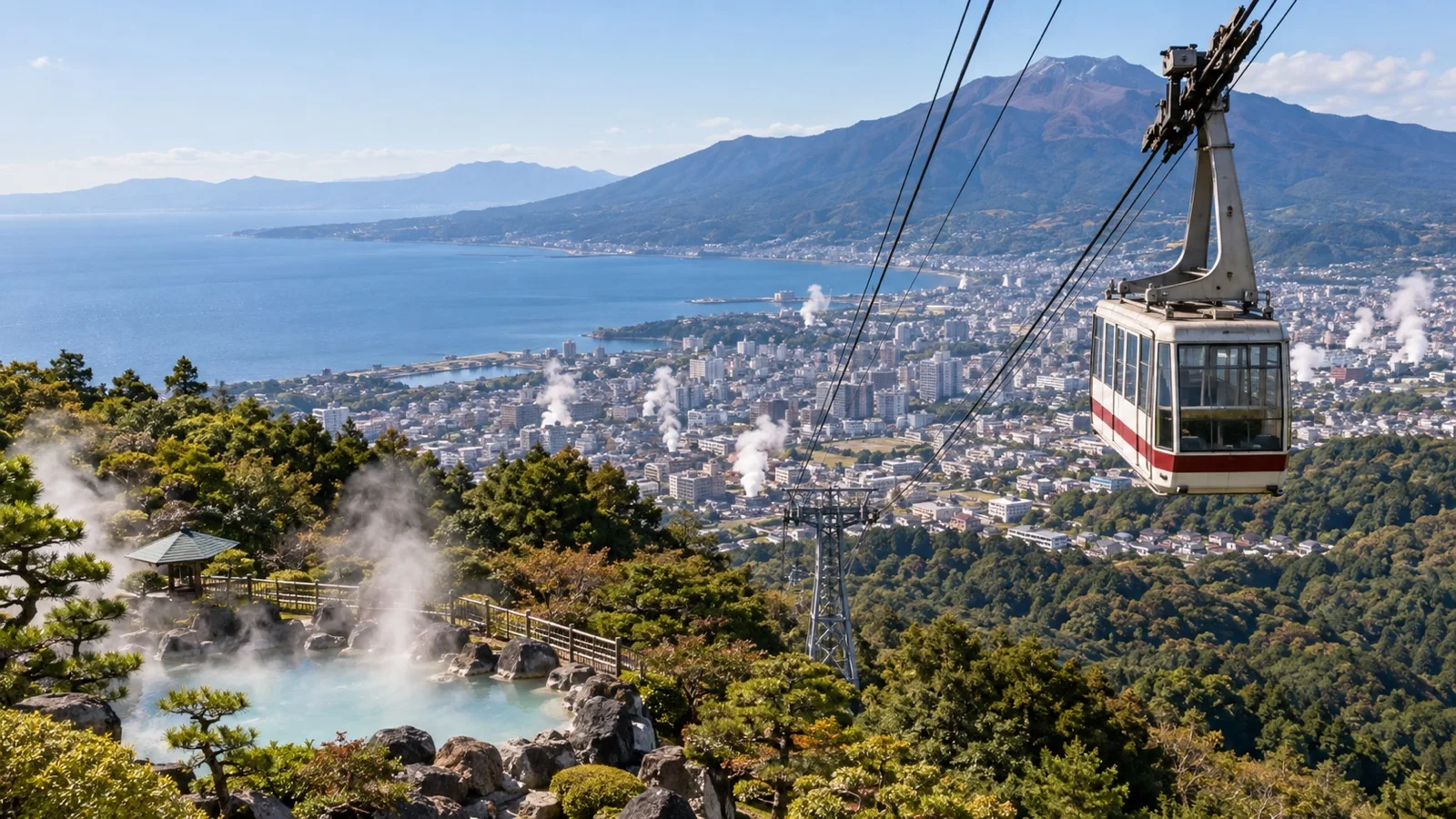 Beppu Ropeway cable car rising toward Mount Tsurumi