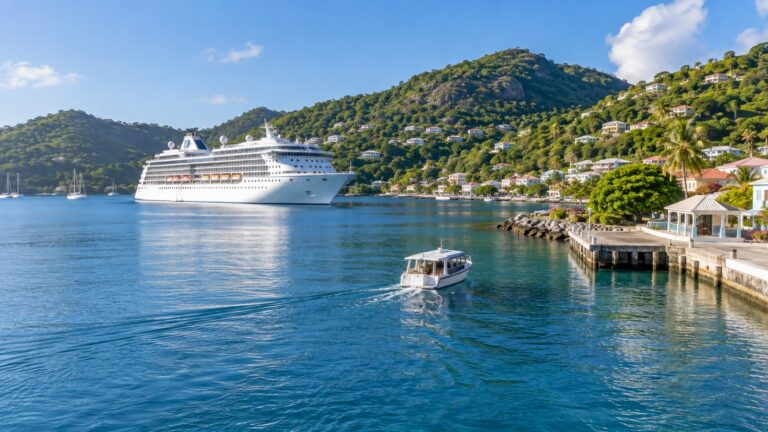 Tender boat approaching Bequia’s Admiralty Bay from a cruise ship