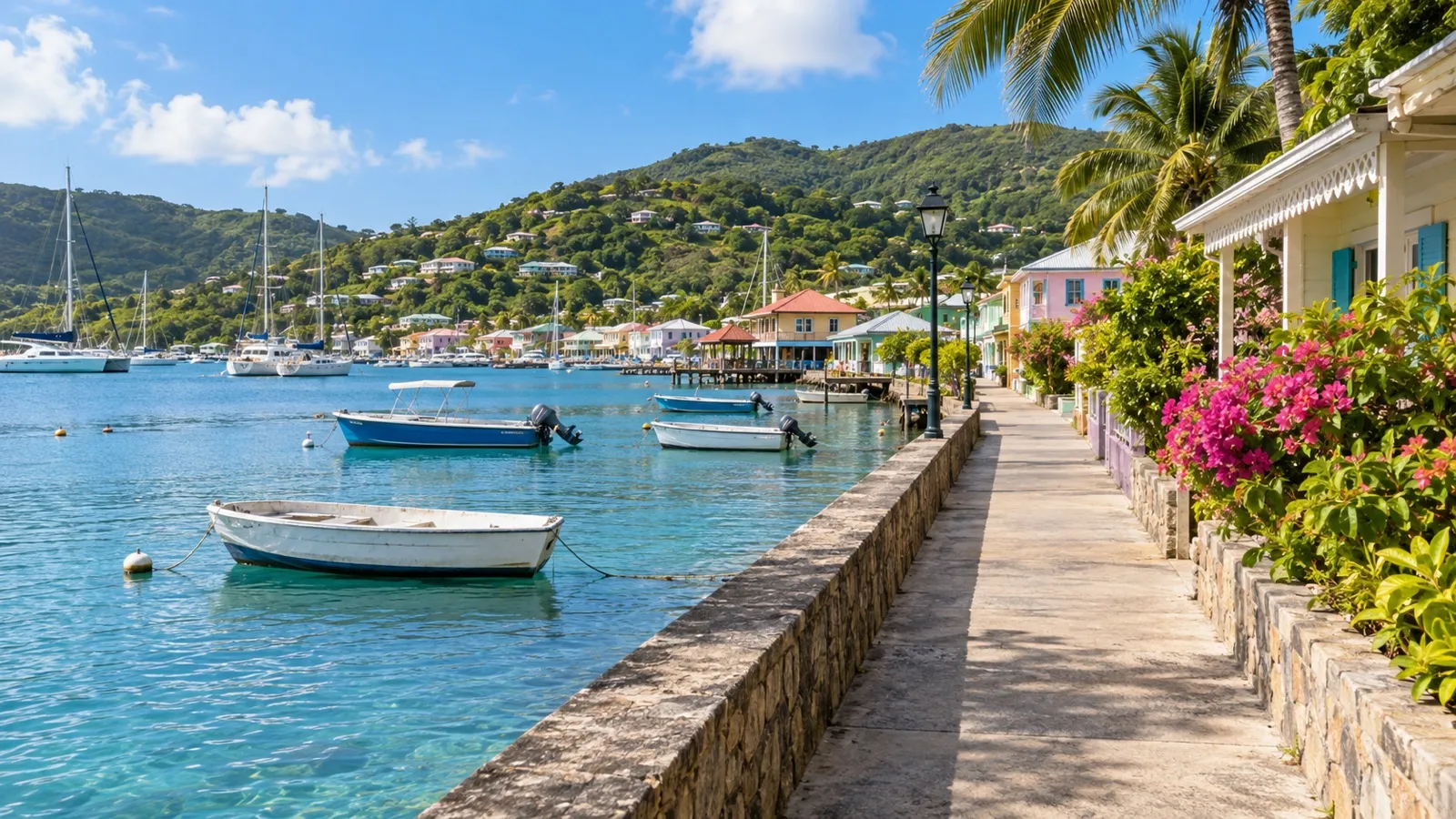 Belmont Walkway beside small boats in Bequia’s Admiralty Bay