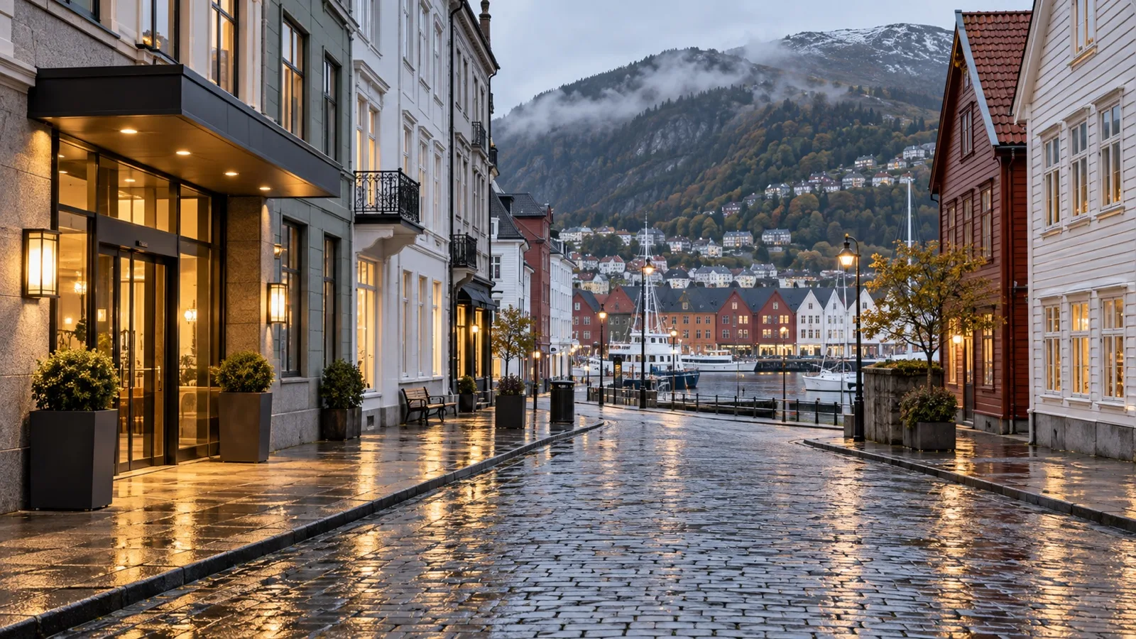 Central Bergen street with practical hotels, Nordic architecture and wet cobblestones after rain