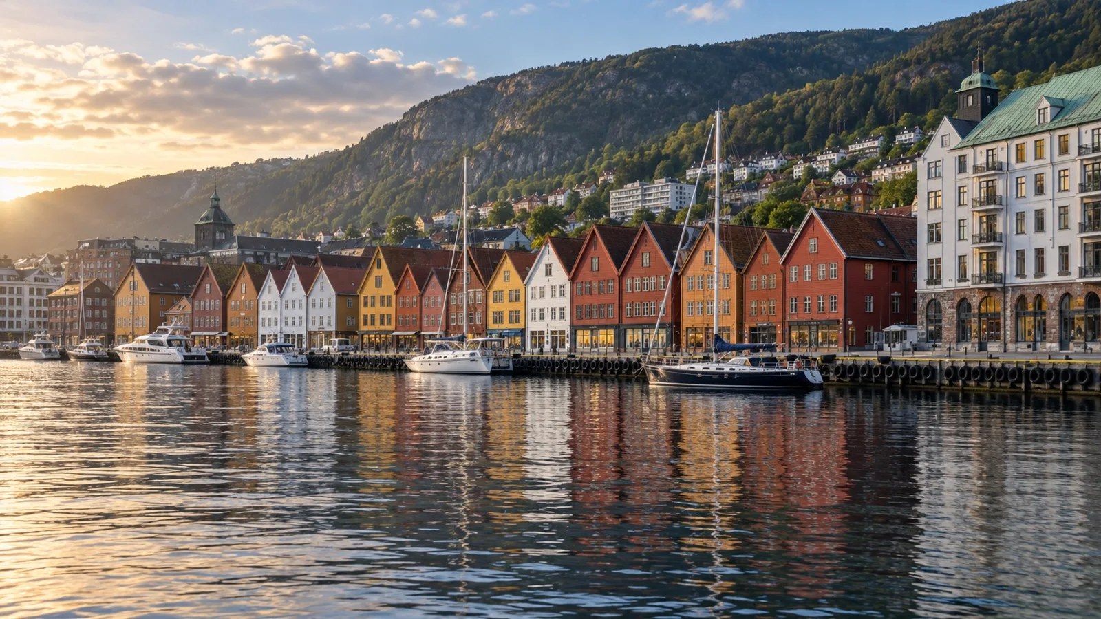 Bryggen wooden waterfront buildings and nearby hotels in Bergen beside the harbor