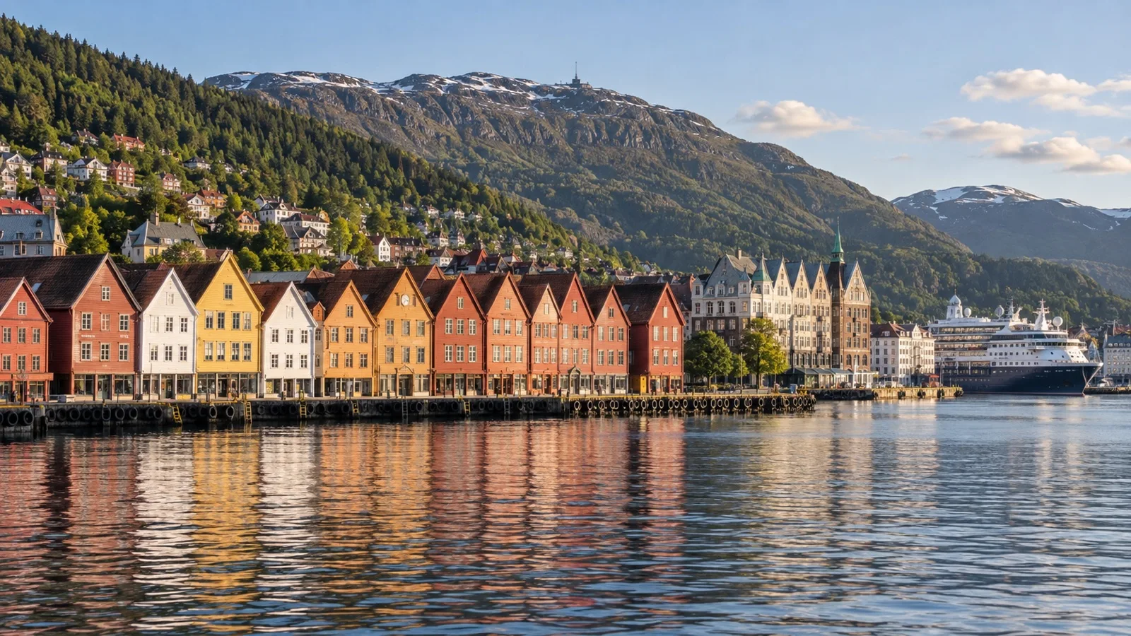 Bergen's colorful Bryggen waterfront and cruise ship beneath coastal mountains