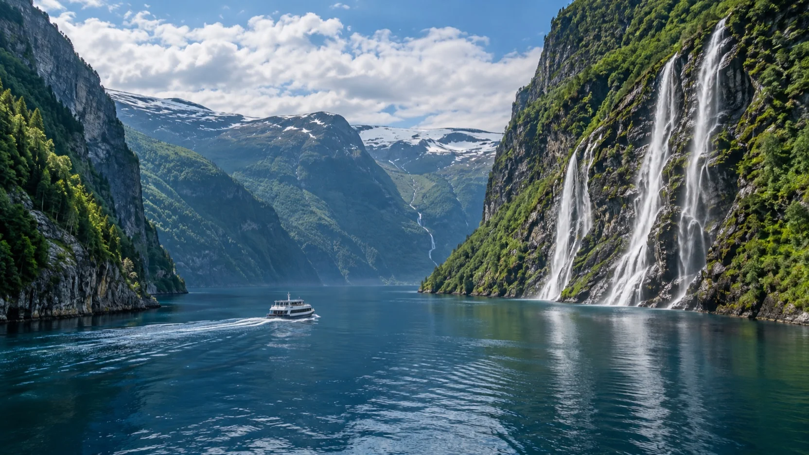 A sightseeing boat beneath waterfalls and steep fjord cliffs near Bergen