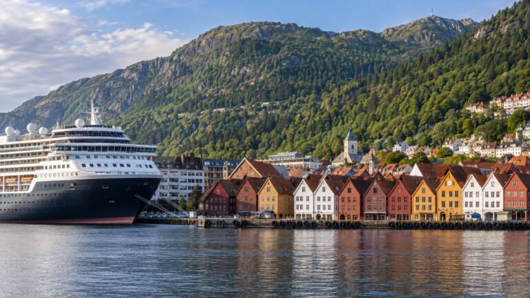 A cruise ship beside Bergen's colorful Bryggen waterfront