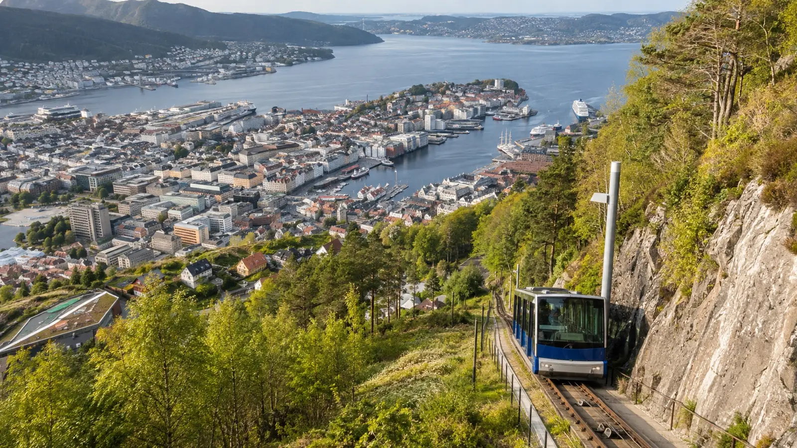 Empty Fløibanen funicular climbing above Bergen harbor