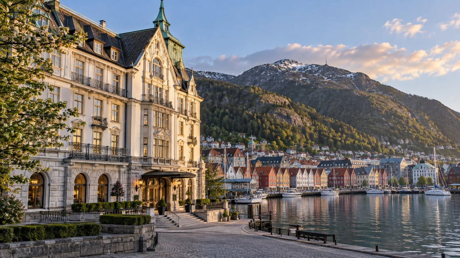 Elegant historic hotel exterior near Bergen harbor with mountain and waterfront backdrop