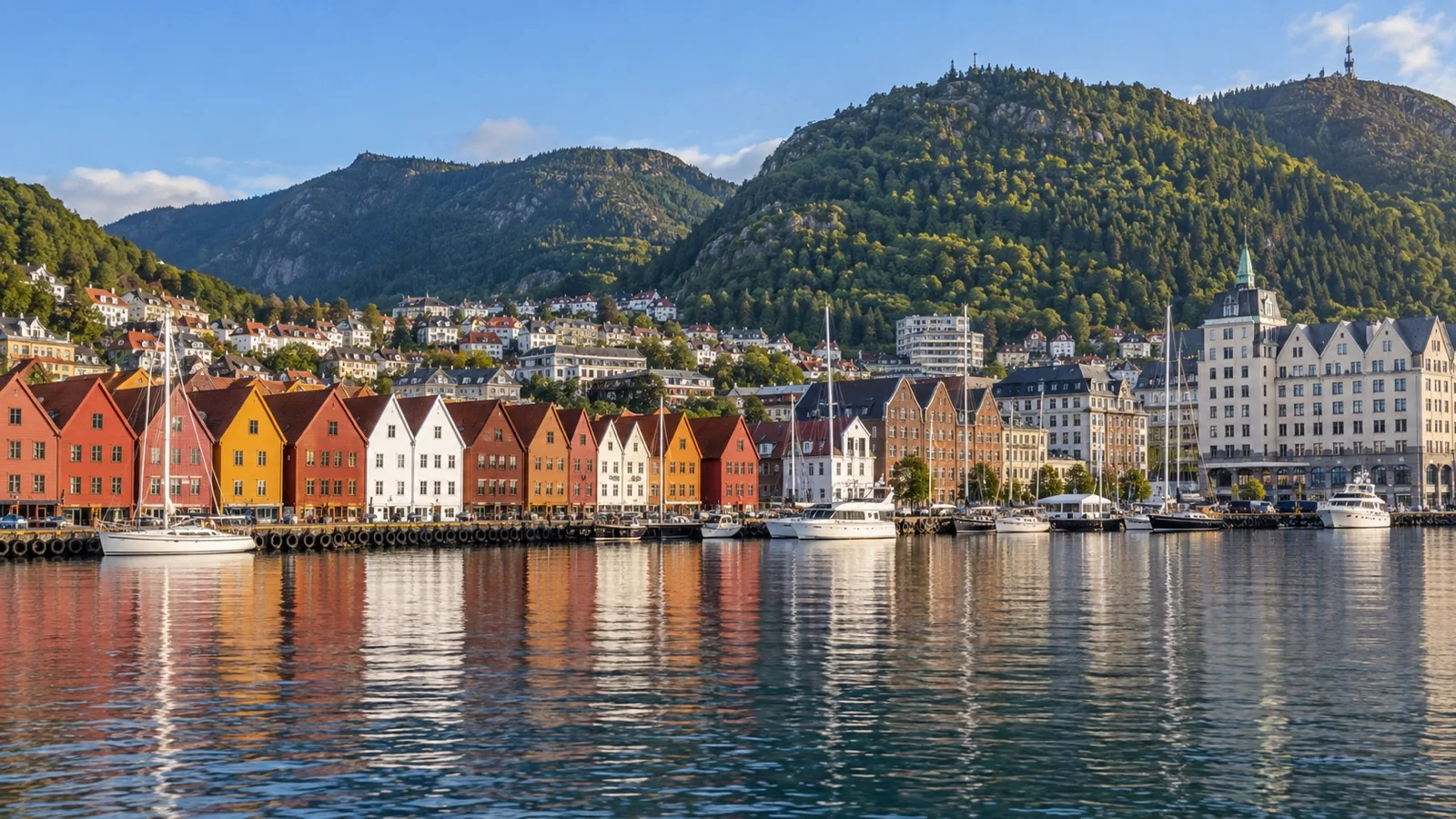 Panoramic Bergen harbor showing Bryggen, city hotels and surrounding mountains