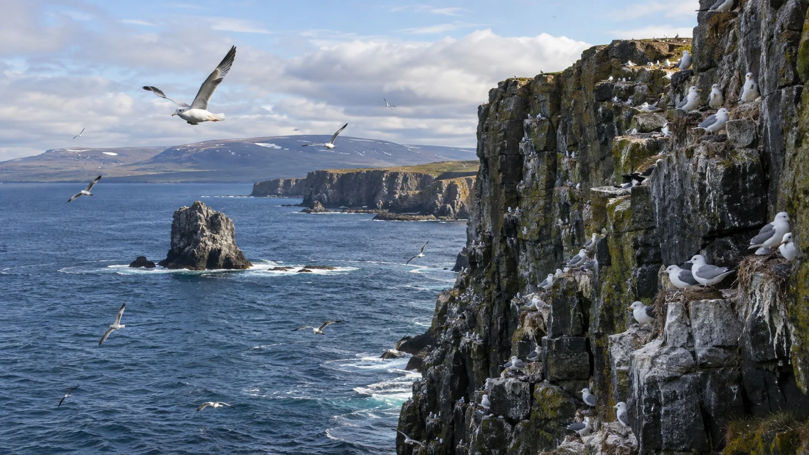 Bird cliffs and seabirds on the Varanger coast