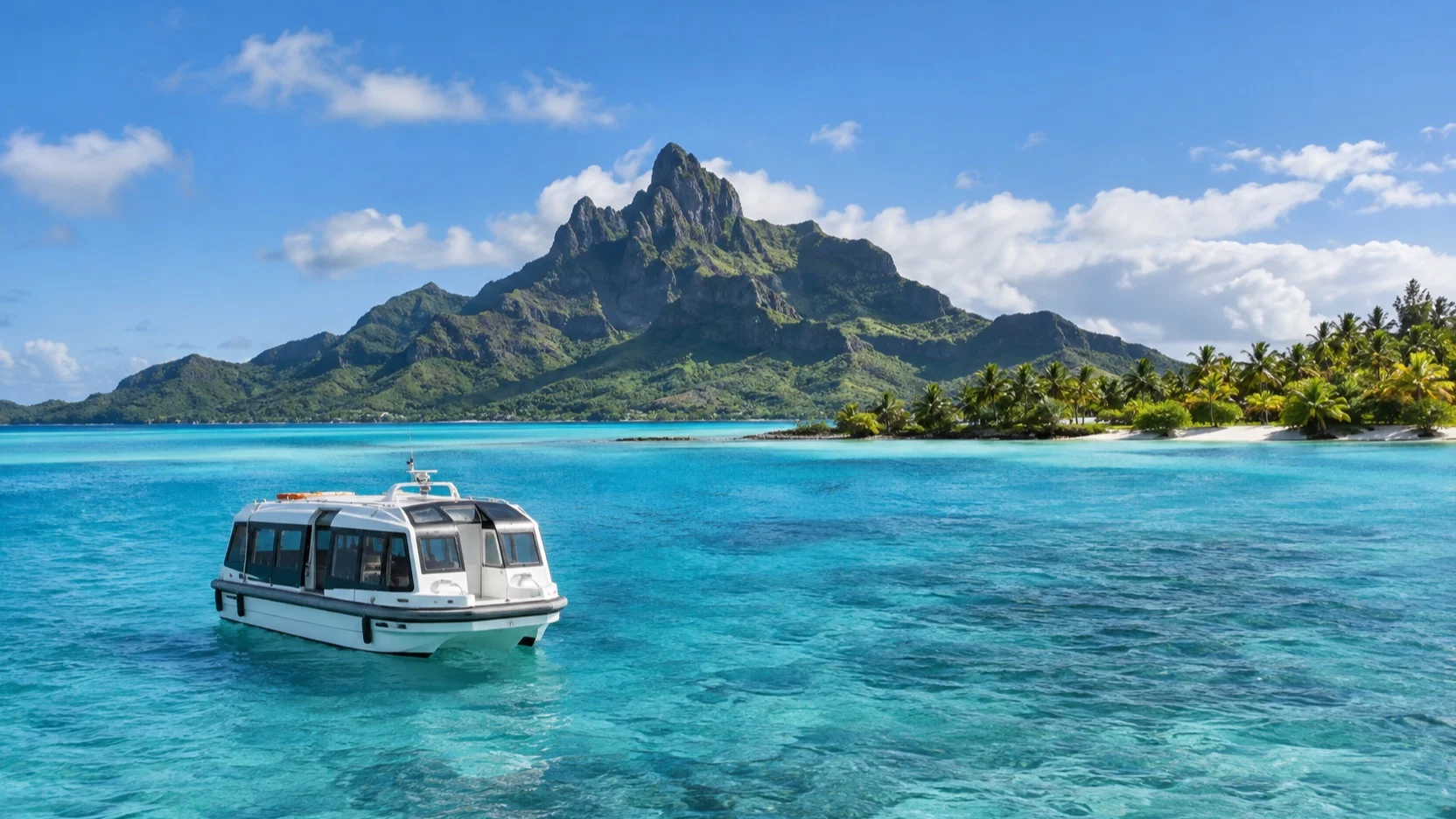 Tender crossing Bora Bora lagoon beneath Mount Otemanu