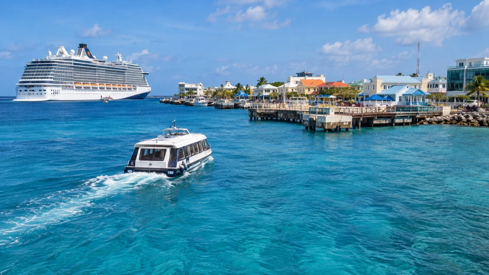 Cruise tender approaching George Town, Grand Cayman