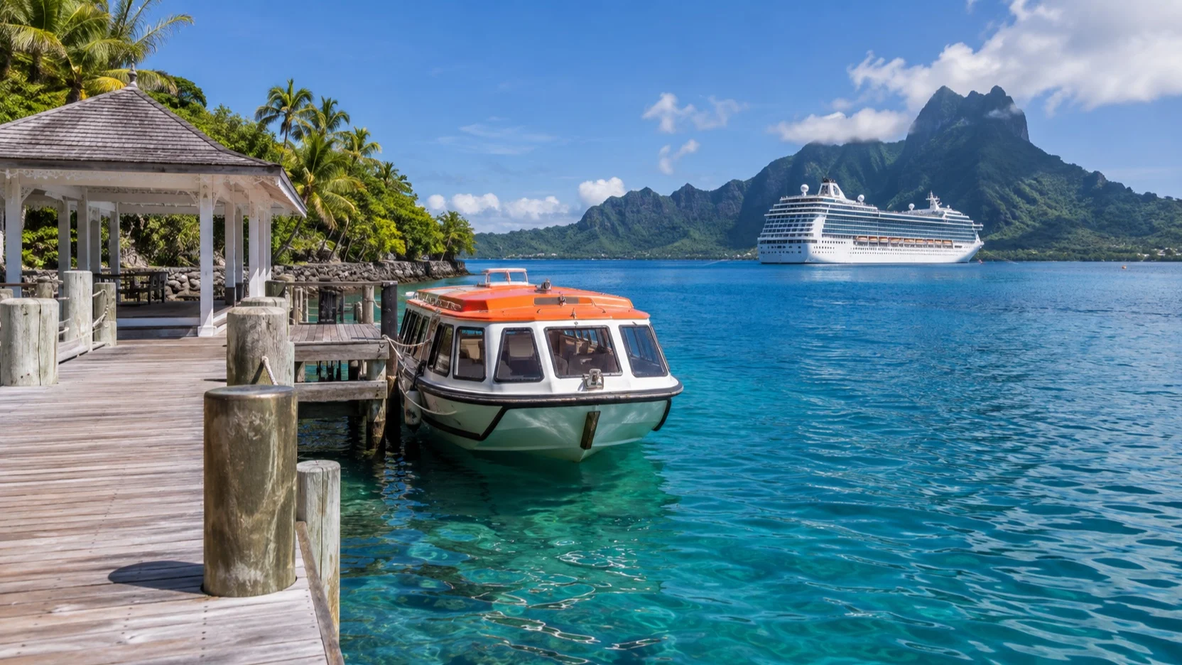 Cruise tender at island landing pier