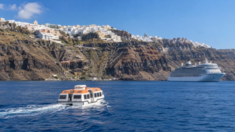 Cruise tender crossing Santorini caldera