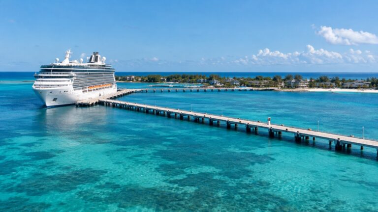 Cruise ship docked at the long Bimini pier above turquoise Bahamian water