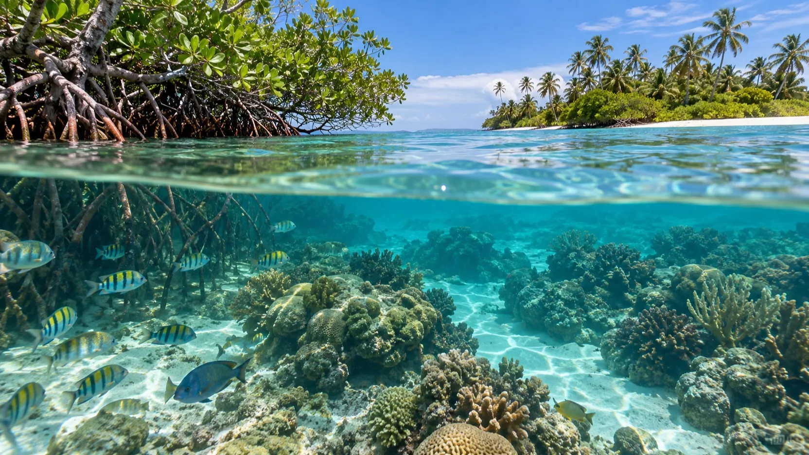Clear snorkeling water, coral and fish near Cayos Zapatillas