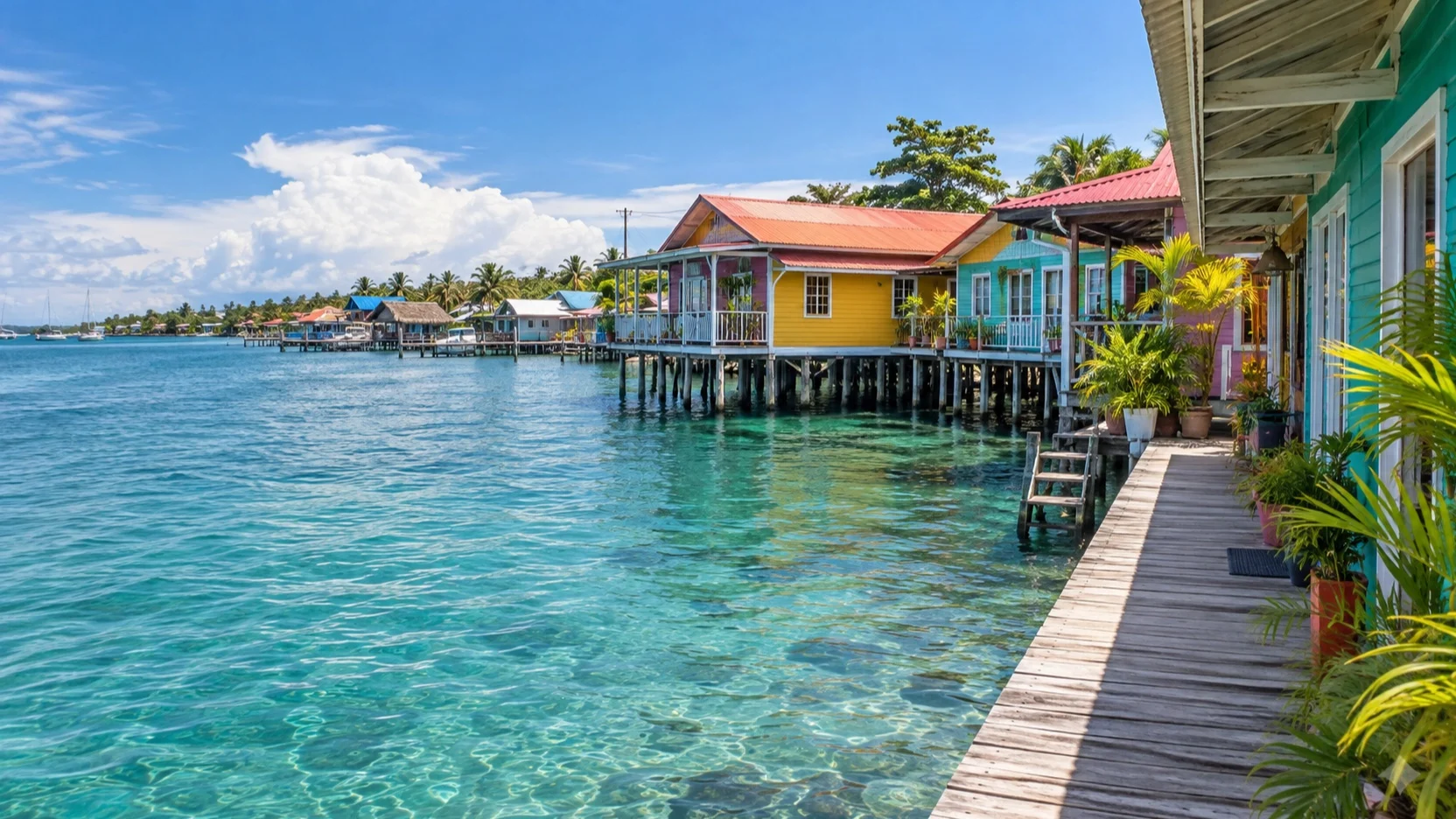 Colorful waterfront stilt houses and boardwalk in Bocas Town