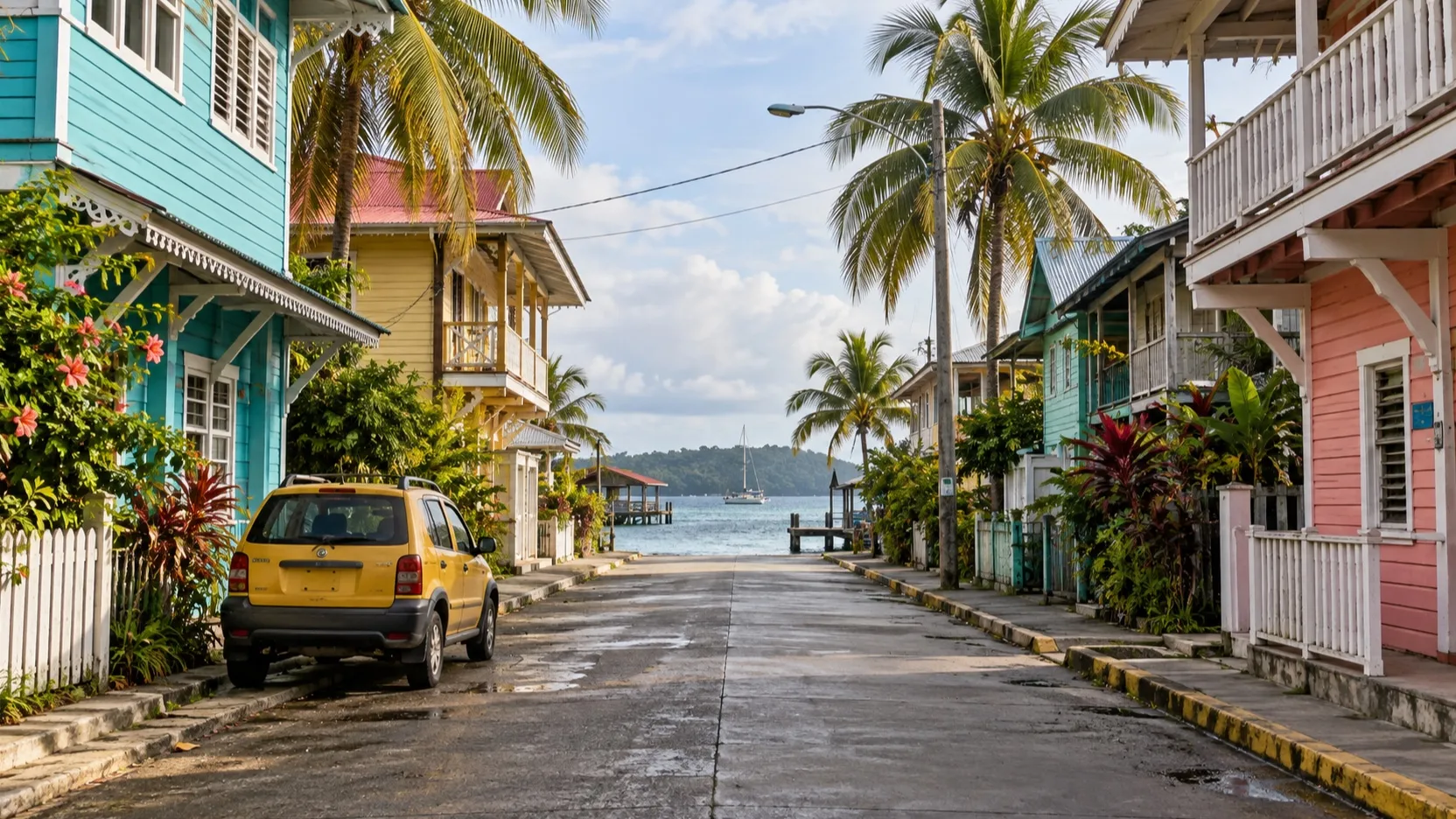 Yellow taxi on an empty colorful street in Bocas Town