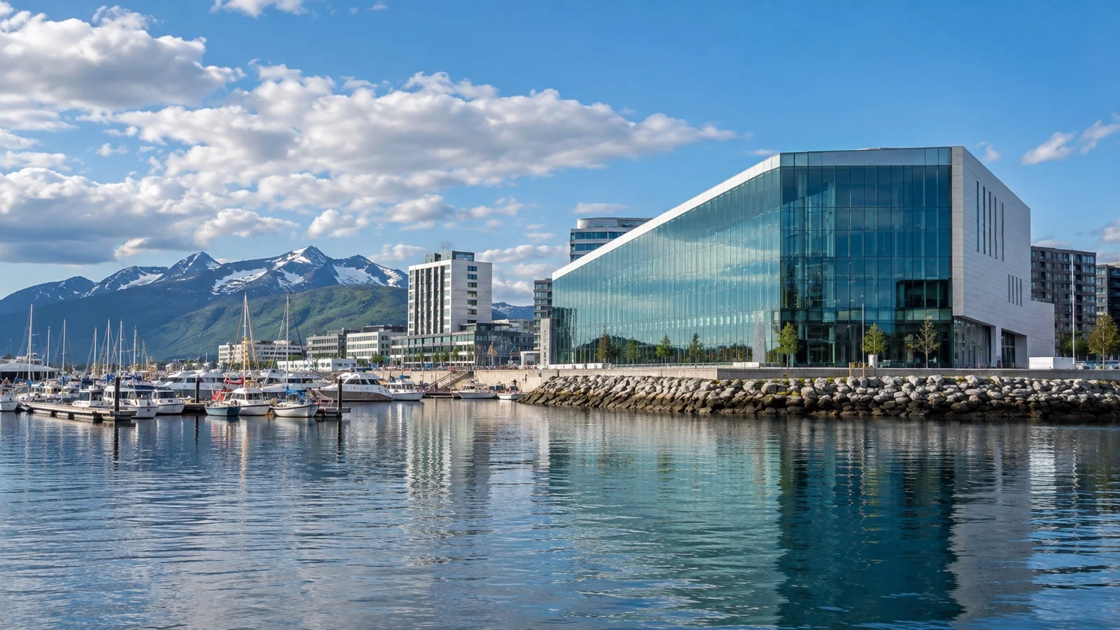 Modern Stormen building beside Bodø waterfront
