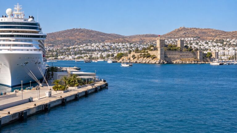 Cruise ship at Kumbahçe terminal across from Bodrum Castle