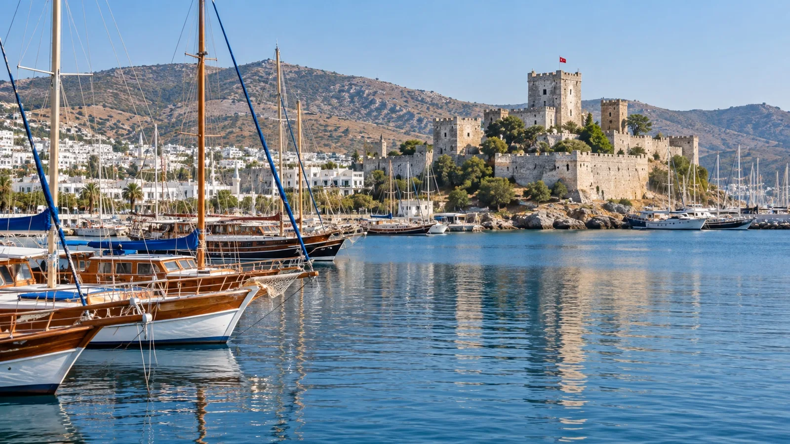 Wooden gulet boats in Bodrum marina with castle beyond