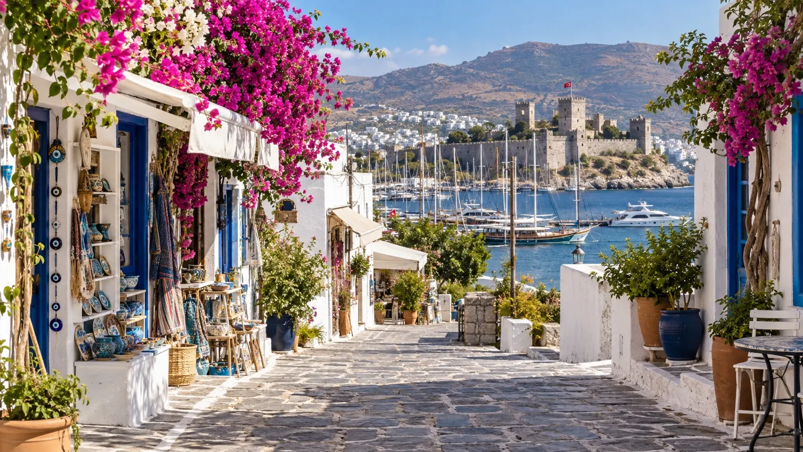 Whitewashed lanes and shops in Bodrum old bazaar