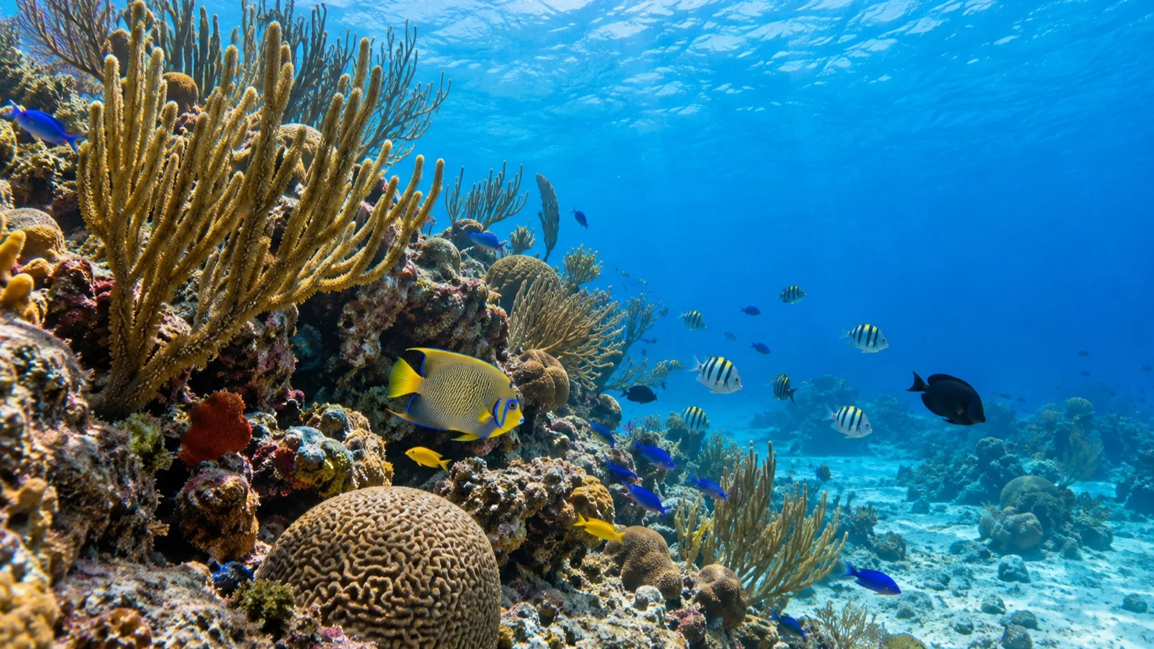 Colorful fish swimming over a clear-water Bonaire coral reef