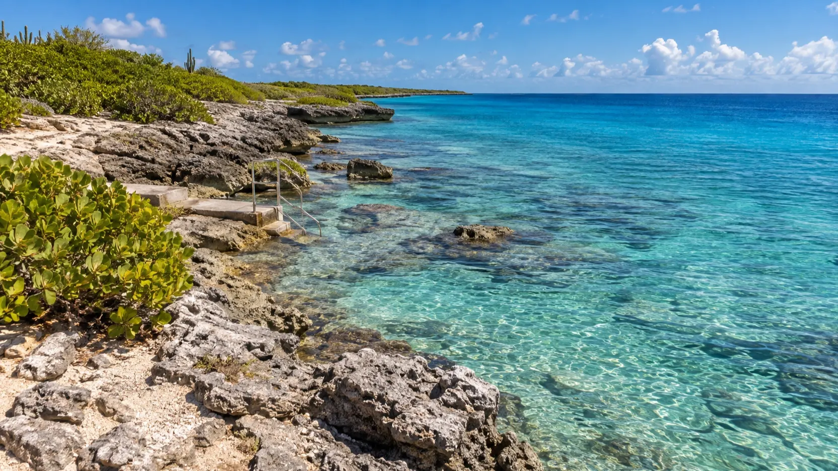 Rocky Bonaire shore with clear water and easy reef access