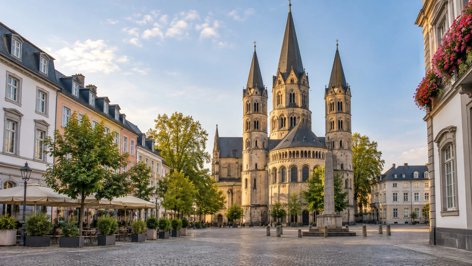 Bonn Minster's historic church towers above a quiet old-town square