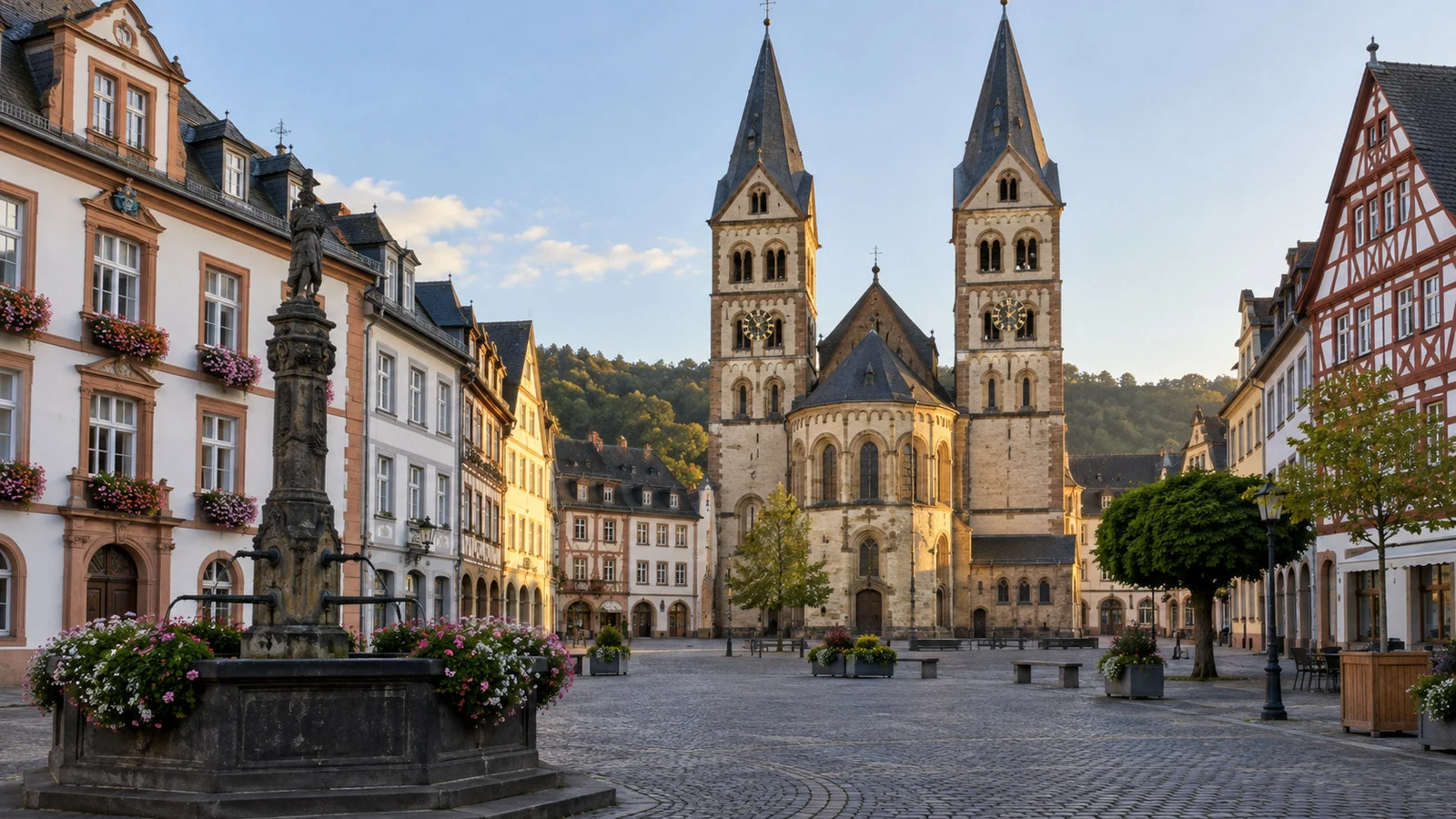 Boppard Market Square with Basilica of Saint Severus twin towers and historic facades, no people