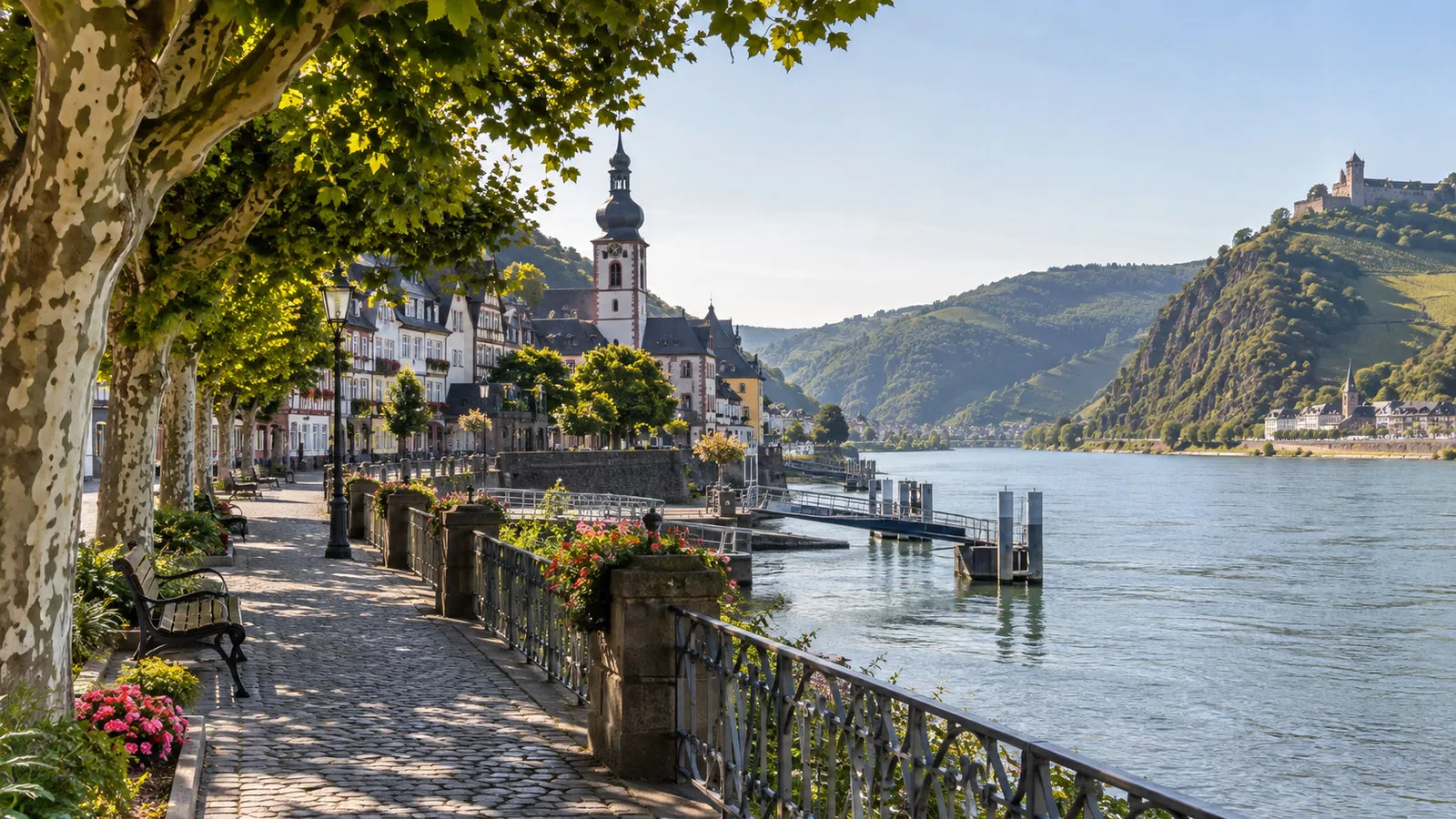 Boppard Rhine promenade with trees, river view and historic old town lanes, no people