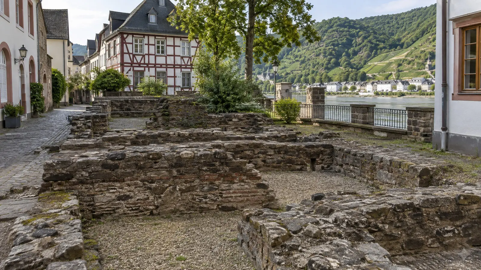 Low ancient Roman fort wall remains in Boppard town center