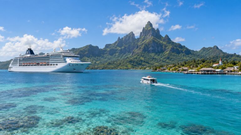 Cruise ship and tender in Bora Bora’s turquoise lagoon