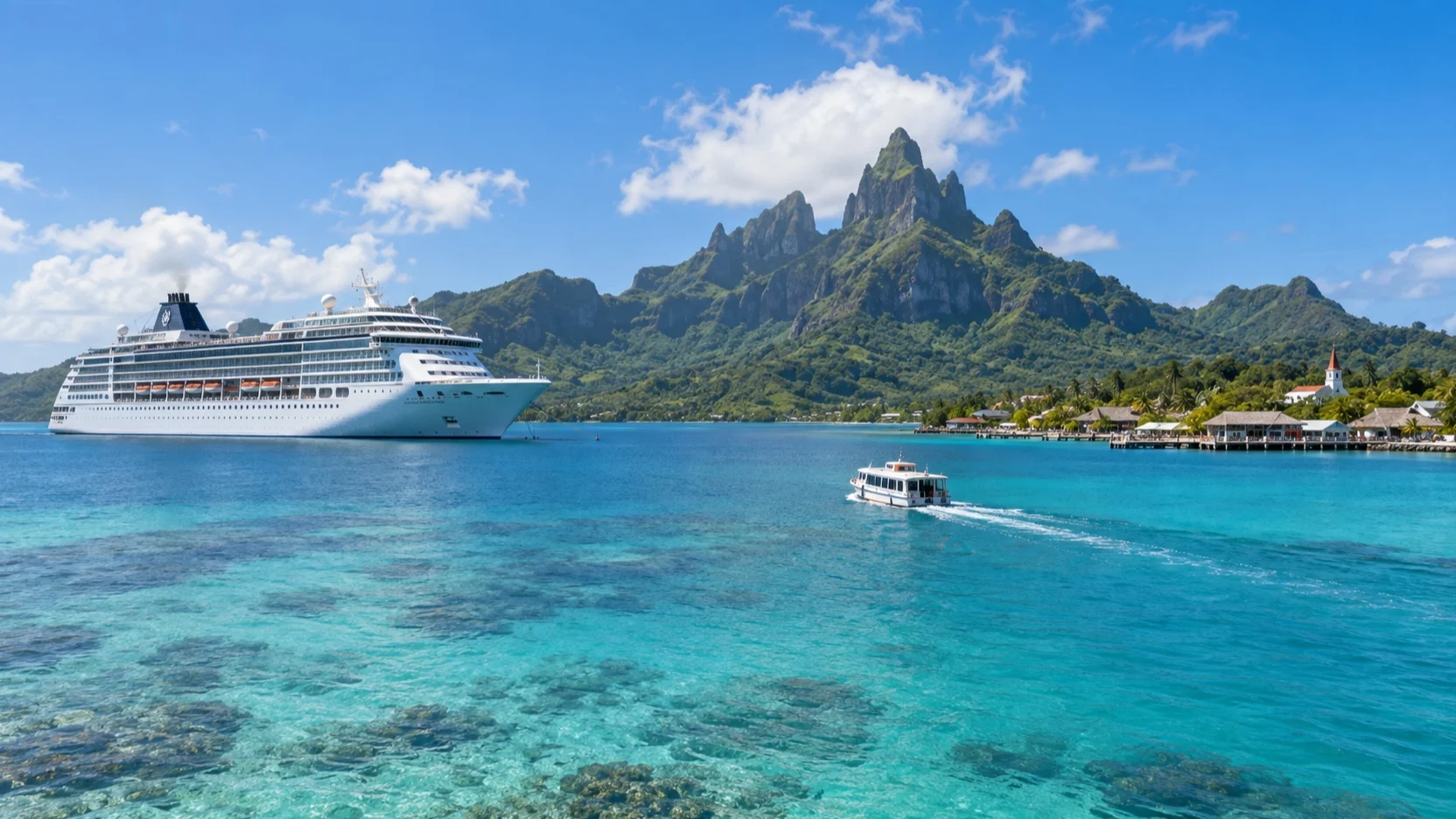 Cruise ship and tender in Bora Bora’s turquoise lagoon