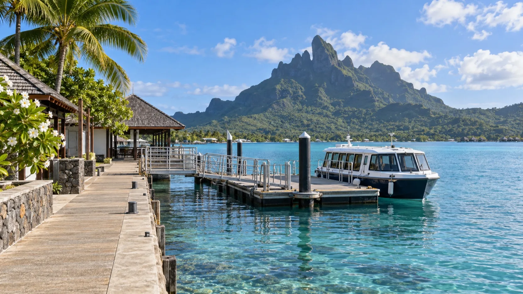 Tender landing and waterfront path at Vaitape on Bora Bora